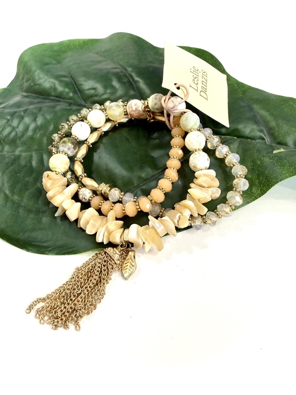 Leslie Danzis Beaded Tassel Stretch Bracelet Orange & Gold | NWT